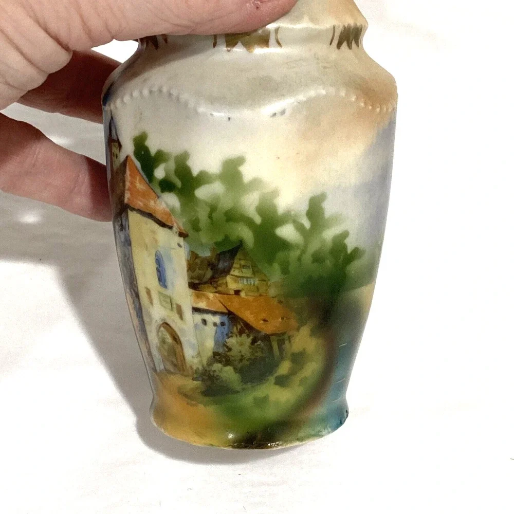 Vintage handpainted porcelain sugar shaker castor muffineer castles landscape